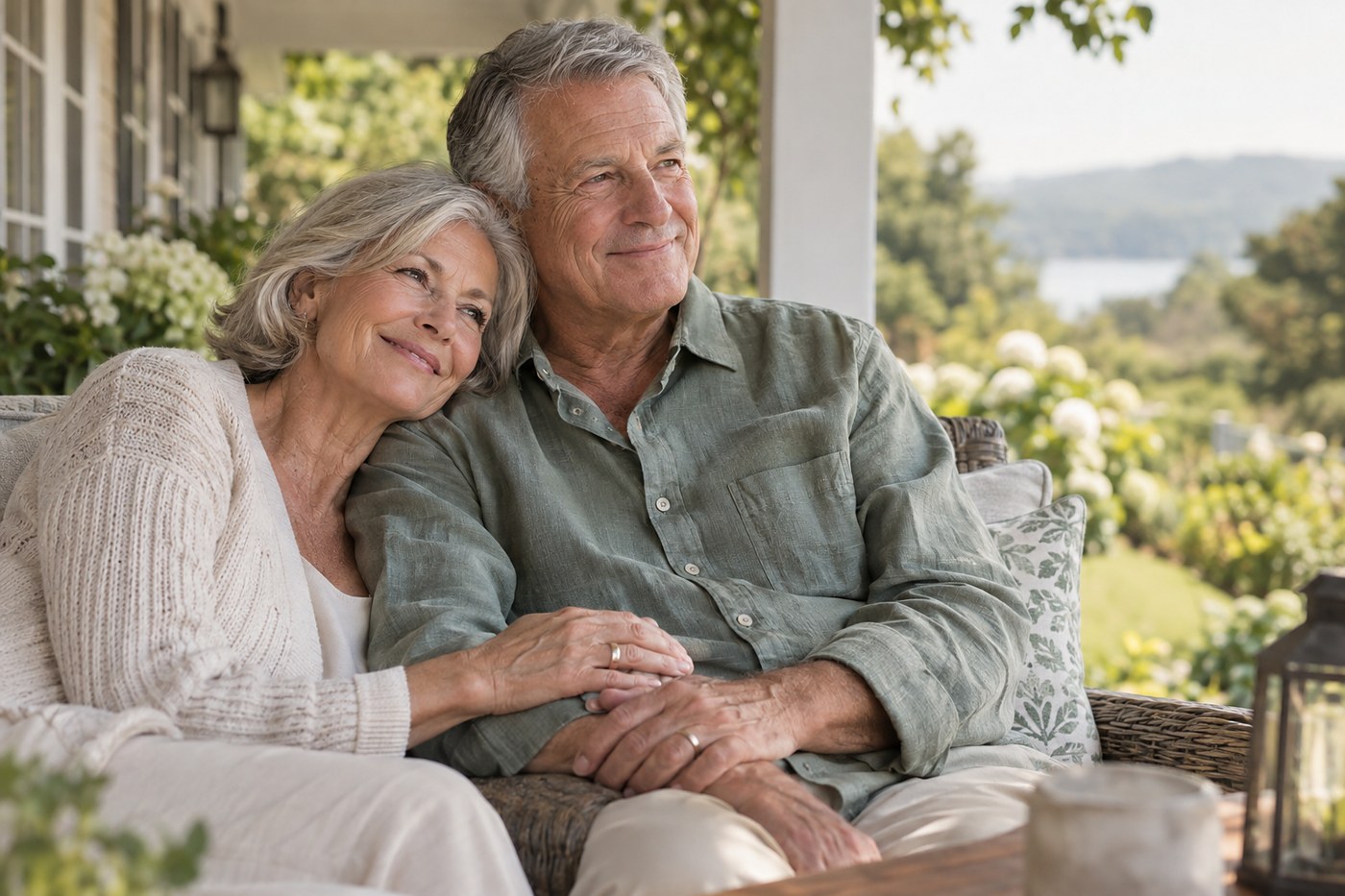 An older couple sitting together on a porch