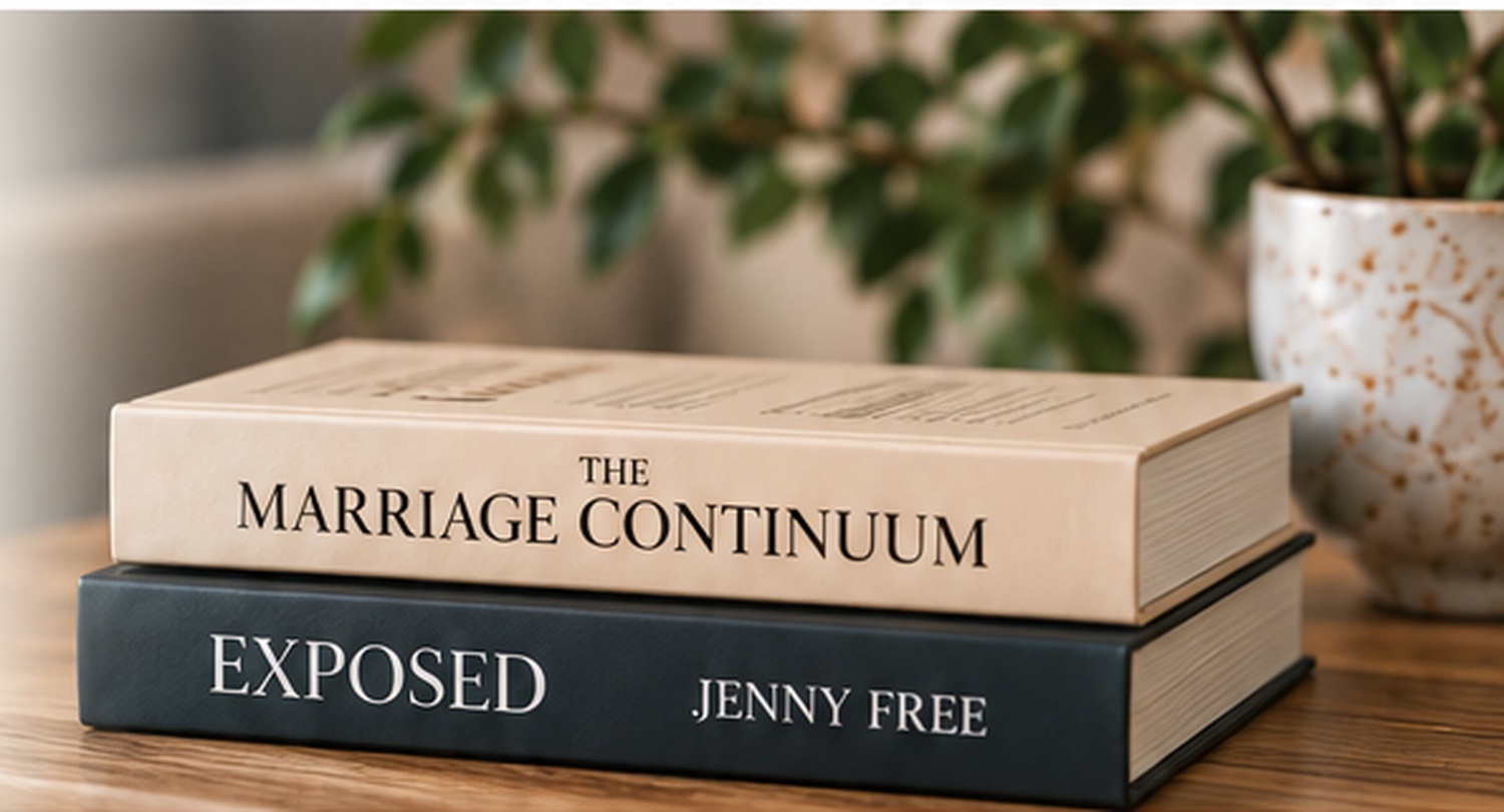 The Marriage Continuum and EXPOSED books by Jenny Free on a table